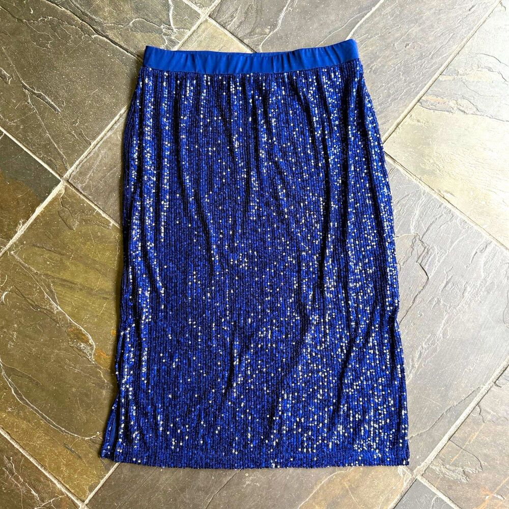 Susan Graver Occasions Blue Sequin Skirt Pull-On Size M